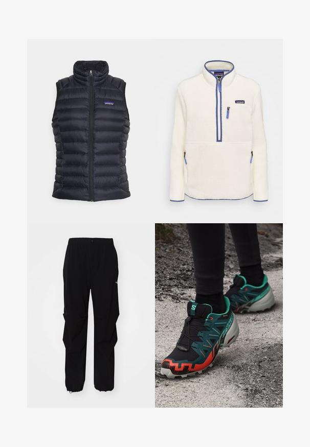 Schwarze isolierte Steppweste mit hohem Kragen, gestepptem Design, Frontreißverschluss und seitlichen Taschen. Mit kleinem Logo auf der Brust.; Fleece-Pullover in Weiß mit halbem Reißverschluss auf der Vorderseite, blauen Reißverschlussakzenten, Brusttasche und Seitentaschen. Glatte Textur, hoher Kragen.; Schwarze Outdoor-Hosen aus langlebigem Material, mit lockerer Passform, elastischem Bund und verstellbaren Bündchen für variable Längen.; Salomon SPEEDCROSS 6 GTX - Laufschuh Trail - black/electric green/cherry tomato