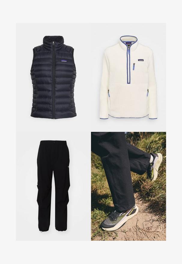 Svart isolerad pufferväst med hög krage, quiltad design, frammansirp-stängning och sidfickor. Har en liten logotyp på bröstet.; Fleece-pullover i vitt med halvlång dragkedja fram, blå dragkedjeaccentuerade detaljer, bröstficka och sidfickor. Slät textur och hög krage.; Svarta utomhusbyxor gjorda av slitstarkt material, med en avslappnad passform, elastisk midja och indragna muddar för justerbar längd.; Salomon GENESIS - Löparskor terräng - black/sulphur spring/orchid petal
