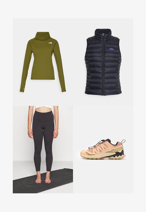 Černá zateplená puffer vesta s vysokým límcem, prošívaným designem, předním zipem a bočními kapsami. Obsahuje malé logo na hrudi.; The North Face BASELAYER DRAGLINE LS - Mikina - forest olive; Černé legíny s vysokým pasem vyrobené z hladkého, pružného materiálu a s упruženým střihem, končící u kotníků. Kombinujte je s cropped topem na jógovém koberci.; Dámské trailové běžecké boty Salomon v růžové a béžové barvě s texturovaným síťovaným svrškem, flexibilní podrážkou, jedinečným designem paty a reflexními akcenty.