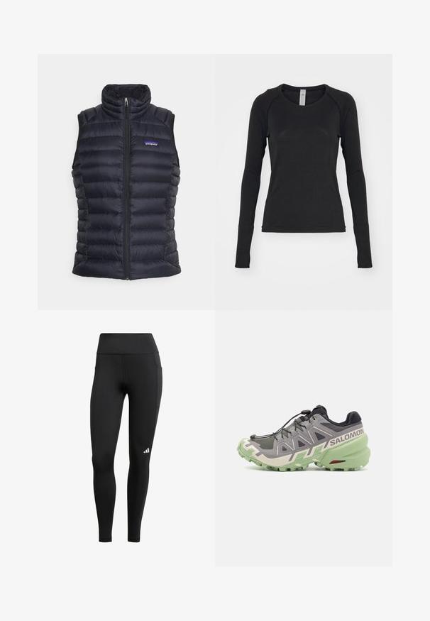 Gilet rembourré noir et isolé avec un col montant, design matelassé, fermeture éclair à l'avant et poches latérales. Présente un petit logo sur la poitrine.; Chemise à manches longues noire, fabriquée en tissu doux. Présente un col rond et des manches raglan avec des ouvertures pour les pouces au niveau des poignets. Design minimaliste.; Leggings de sport noirs avec une taille haute, fabriqués en tissu extensible ; dotés d'une poche latérale et d'un petit logo blanc près de l'ourlet.; Chaussure de trail de course grise avec une tige en mesh texturé, semelle en caoutchouc verte et des éléments de design distinctifs, y compris un système de laçage rapide et un logo.