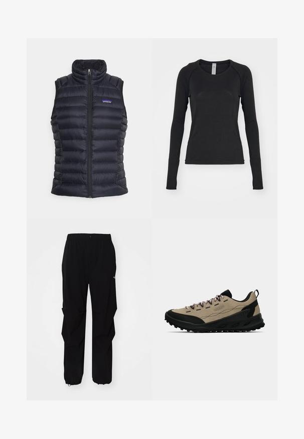 Černá zateplená puffer vesta s vysokým límcem, prošívaným designem, předním zipem a bočními kapsami. Obsahuje malé logo na hrudi.; Černá dlouhá rukávová košile vyrobená z měkké látky. Má kulatý výstřih a raglánové rukávy s otvory na palce na manžetách. Minimalistický design.; Černé venkovní kalhoty vyrobené z odolného materiálu, se uvolněným střihem, elastickým pasem a staženými manžetami pro nastavitelné délky.; Béžová a černá nízká turistická bota s robustní podrážkou, růžovými tkaničkami a poutkem na patě, navržená pro venkovní použití.