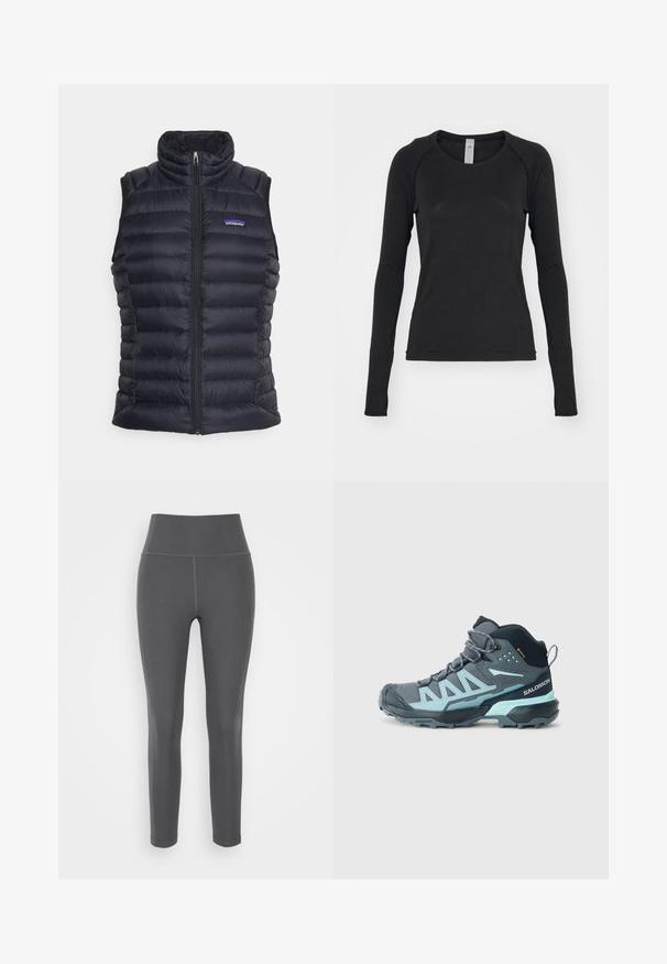 Černá zateplená puffer vesta s vysokým límcem, prošívaným designem, předním zipem a bočními kapsami. Obsahuje malé logo na hrudi.; Černá dlouhá rukávová košile vyrobená z měkké látky. Má kulatý výstřih a raglánové rukávy s otvory na palce na manžetách. Minimalistický design.; Šedé legíny s vysokým pasem vyrobené z elastického, hladkého materiálu s plochými švy a přiléhavým střihem, vhodné pro aktivní nebo volnočasové nošení.; Středně vysoké turistické boty v tmavě šedé barvě se světle modrými akcenty. Mají texturovaný svršek, zesílenou špičku a robustní podešev pro trakci.