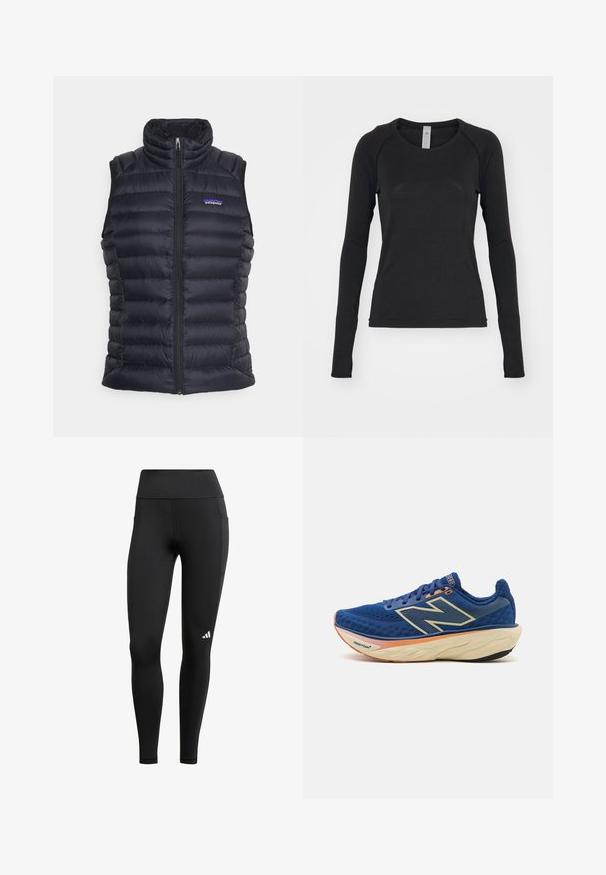 Črn izoliran pufferski jopič z visokim ovratnikom, prešito zasnovo, sprednjim zadrgo in stranskimi žepi. Ima majhen logotip na prsih.; Majica s dolgimi rokavi v črni barvi, izdelana iz mehkega blaga. Ima okroglo ovratnik in raglan rokave z odprtinami za prste na zapestjih. Minimalističen dizajn.; Črne atletske legice z visokim pasom, narejene iz raztegljive tkanine; vsebujejo stransko žep in majhno belo logo blizu roba.; Modra tekaška čevlja z zračnim mrežastim zgornjim delom, obloženim ovratnikom in podplatom s podlogo v oranžni barvi. Vidna blagovna znamka "Fresh Foam".