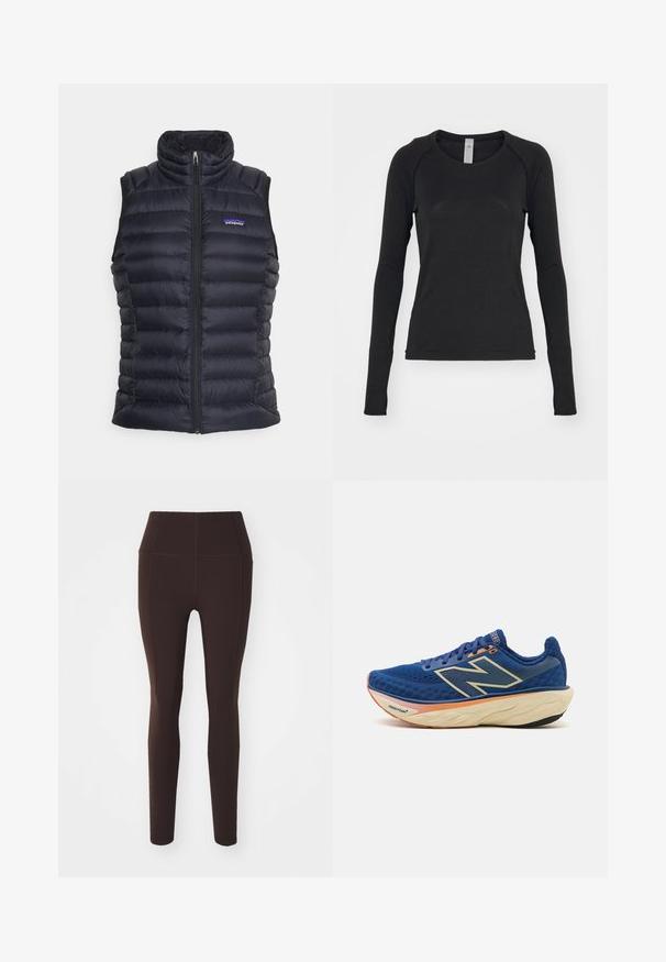 Melna izolēta pūkaino vestē ar augstu apkakli, izšūtu dizainu, priekšējo rāvējslēdzēju un sānu kabatām. Tam ir maza logo uz krūtīm.; Melna garām piedurknēm krekls, izgatavots no mīksta auduma. Iekļauj apaļu kakla izgriezumu un raglan piedurknes ar caurumiem īkšķiem pie aprocēm. Minimalistisks dizains.; Brūnas augstās legingi, kas izgatavoti no elastīga materiāla, ar gludu tekstūru un pieguļošu dizainu bez redzamām detaļām vai rakstiem.; Zilas skriešanas apavi ar elpojošu sietu augšdaļu, mīkstinātu apkakli un polsterētu zoli ar oranžu akcentu. Redzama "Fresh Foam" emblēma.