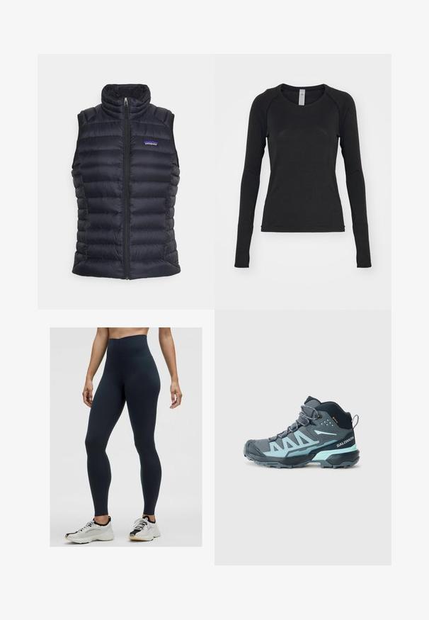 Chaleco acolchado negro aislante con cuello alto, diseño acolchado, cierre frontal con cremallera y bolsillos laterales. Presenta un pequeño logo en el pecho.; Camisa de manga larga en negro, hecha de una tela suave. Cuenta con un cuello redondo y mangas raglán con agujeros para los pulgares en los puños. Diseño minimalista.; Leggings de talle alto en color navy, fabricados con una tela elástica, que presentan una textura suave y un diseño ajustado. Llevados con zapatillas deportivas blancas y negras.; Bota de senderismo de corte medio en gris oscuro con acentos en azul claro. Cuenta con una parte superior texturizada, puntera reforzada y una suela resistente para mayor tracción.