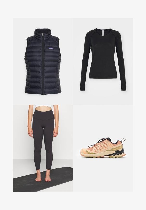 Juodas izoliuotas pūkinis liemenė su aukštu apykakle, siuvinėta paklausa, priekinis užtrauktukas ir šoninės kišenės. Ant krūtinės yra mažas logotipas.; Juoda ilgomis rankovėmis marškinėliai, pagaminti iš minkštos medžiagos. Suapvalintas kaklas ir raglano tipo rankovės su išpjovomis nykščiams ant rankogalių. Minimalistinis dizainas.; Aukštos juosmens juodos leggingos iš lygaus, tamprios medžiagos, su prigludusia siluetu, baigiasi ties kulkšnimi. Derinkite su trumpa palaidine ant jogos kilimėlio.; Salomon bėgimo bateliai trasai rožinės ir smėlio spalvų su tekstūruota tinklelio viršutine dalimi, lanksčiu padu, išskirtiniu kulno dizainu ir atspindinčiais akcentais.
