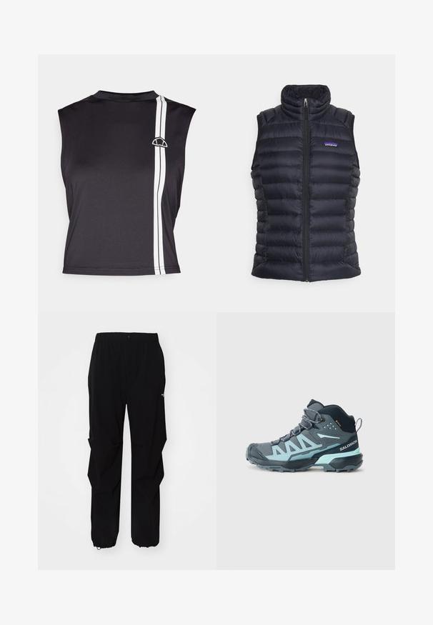 Μαύρο επενδυμένο γιλέκο puffer με ψηλό γιακά, σχέδιο με ραφές, μπροστινό φερμουάρ και πλαϊνές τσέπες. Διαθέτει ένα μικρό λογότυπο στο στήθος.; Ellesse DANBURY SLEEVELESS - Μπλούζα - black; Μαύρο παντελόνι εξωτερικού χώρου φτιαγμένο από ανθεκτικό υλικό, με άνετη εφαρμογή, ελαστική μέση και σφιχτές μανσέτες για ρυθμιζόμενο μήκος.; Μέσης κοπής ορειβατικό παπούτσι σε σκούρο γκρι με ανοιχτό μπλε λεπτομέρειες. Διαθέτει υφαντό άνω μέρος, ενισχυμένο δάκτυλο και ανθεκτική σόλα για πρόσφυση.