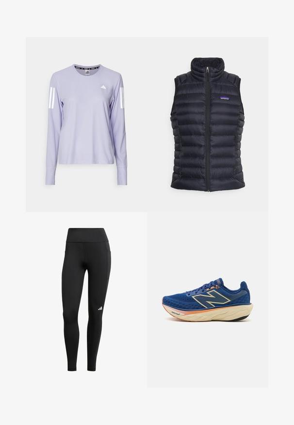 Mustavillainen eristynyt puffaliivi, jossa on korkea kaulus, tikattu rakenne, edessä vetoketju ja sivutaskut. Rinnassa pieni logo.; adidas Performance Pitkähihainen paita - violet tone; Mustat urheiluleggingsit, joissa on korkea vyötärö, valmistettu joustavasta kankaasta; sisältää sivutaskun ja pienen valkoisen logon helman lähellä.; Sininen juoksukenkä, jossa on hengittävä verkko-osa, pehmustettu kaulus ja vaimennettu pohja, johon on lisätty oranssi yksityiskohta. "Fresh Foam" -brändi näkyy selvästi.