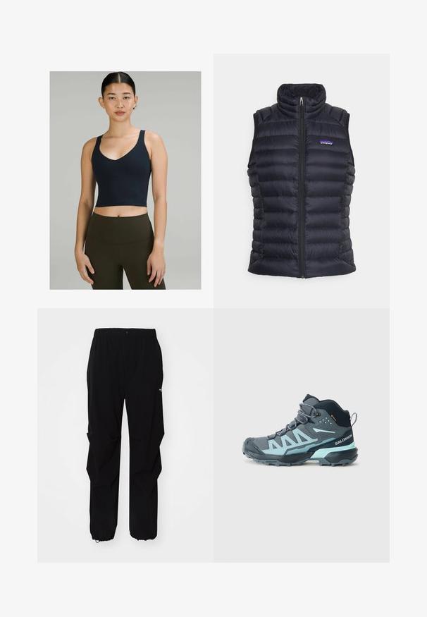 Black insulated puffer vest with a high collar, quilted design, front zip closure, and side pockets. Features a small logo on the chest.; Navy blue cropped sports top with a v-neck design and thin straps, made from stretchy fabric, paired with high-waisted olive green leggings.; Black outdoor pants made from durable material, featuring a relaxed fit, elastic waistband, and cinched cuffs for adjustable length.; Mid-cut hiking shoe in dark gray with light blue accents. Features a textured upper, reinforced toe, and a rugged outsole for traction.