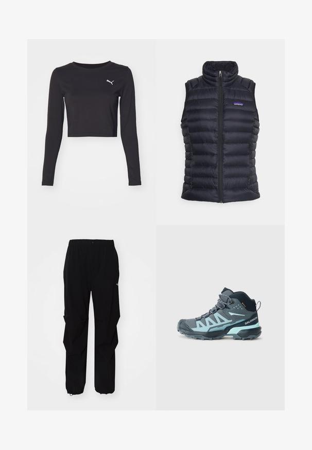 Vesta puffer izolată, de culoare neagră, cu guler înalt, design matlasat, închidere cu fermoar în față și buzunare laterale. Are un mic logo pe piept.; Tricou cropped negru, cu mânecă lungă, fabricat dintr-un material neted, cu decolteu rotund. Are un mic logo alb pe partea stângă a pieptului.; Pantaloni negri de exterior, confecționați dintr-un material durabil, cu o croială relaxată, talie elastică și manșete strânse pentru lungime ajustabilă.; Pantof de drumeție cu tăietură medie, în gri închis, cu accente de albastru deschis. Dispune de un material superior texturat, vârf întărit și o talpă rezistentă pentru aderență.
