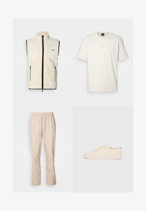 Fehér gyapjú mellény magas gallérral, fekete díszítéssel, két oldalzsebbel cipzárral és egy bal oldali mellzsebbel, amelyen a "BOSS" márkaneve található.; BOSS TEE - Basic póló - open white; Világos bézs színű, lazább szabású nadrág, elasztikus derékkal és zsinórral. Sima textúrájú, enyhén szűkülő lábakkal, látható minták vagy fémalkatrészek nélkül.; Beige vászon sportcipők, kerek orral, lapos gumi talppal és fűzős elejével. Minimális dizájnnal rendelkezik, és kontrasztos fekete akcentussal a saroknál.