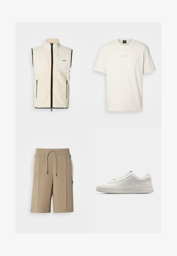 Weiße Fleece-Weste mit hohem Kragen, schwarzem Besatz, zwei seitlichen Reißverschlusstaschen und einer Tasche auf der linken Brust mit dem Markennamen "BOSS".; BOSS TEE - T-Shirt basic - open white; Beige Baumwollshorts mit elastischem Bund und Kordelzug. Mit gesteppter Seitentasche und einem Logopatch auf der Vorderseite.; Weiße Sneaker mit einem Obermaterial aus glattem Leder, runder Zehenpartie, Schnürverschluss und einer dicken Gummisohle. Dezentes Logo an der Seite.