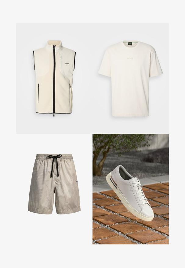 Vitt fleeceväst med hög krage, svart kant, två sidofickor med dragkedja och en vänster bröstficka med varumärket "BOSS".; BOSS TEE - T-shirt - bas - open white; Ljust grå badbyxor med abstrakt mönster, elastisk midja och svartsnodd. Har subtil branding på det nedre benet.; Vit lädersneaker med rund tå, snörning fram, krämfärgad gummisula och bruna detaljer. Texturerad yta visar en minimalistisk design.