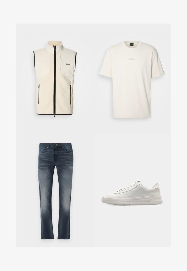 White fleece vest with a high collar, black trim, two side zip pockets, and a left chest pocket featuring the brand name "BOSS."; BOSS TEE - Basic T-shirt - open white; Dark blue denim jeans with a straight fit, featuring a button waist, two front pockets, and subtle fading on the thighs and knees.; White sneakers with a smooth leather upper, round toe, lace-up closure, and a thick rubber sole. Subtle logo on the side.