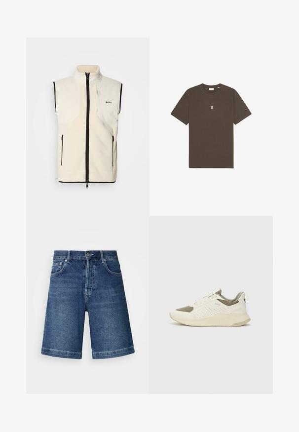 Chaleco de felpa blanca con un cuello alto, ribete negro, dos bolsillos laterales con cremallera y un bolsillo en el pecho izquierdo que presenta la marca "BOSS."; Camiseta de algodón marrón con cuello redondo y mangas cortas, que presenta un gráfico blanco "II" centrado en el pecho.; Pantalones cortos de mezclilla en azul oscuro, con un corte recto, diseño de cinco bolsillos y dobladillo cosido. Incluyen un botón en la parte delantera y cierre de cremallera.; Zapatilla deportiva en blanco y beige claro, con parte superior de malla, detalles perforados y una mediasuela texturizada con la marca en el talón.
