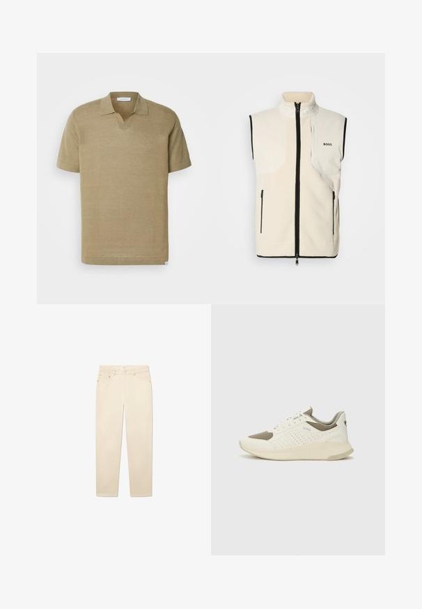 Biela fleecová vesta s vysokým golierom, čiernym lemovaním, dvoma bočnými zipsovými vreckami a vreckom na ľavej hrudi s názvom značky "BOSS."; Les Deux EMMANUEL - Polokošeľa - surplus green; Biele béžové džínsy s rovnými nohavicami, ktoré majú päť vreciek, zapínanie na gombík a zips a jemné šitie.; Biele a svetlo béžové športové tenisky s hornou časťou z mriežkového materiálu, perforovanými detailmi a textúrovanou medzipodrážkou s logom na päte.