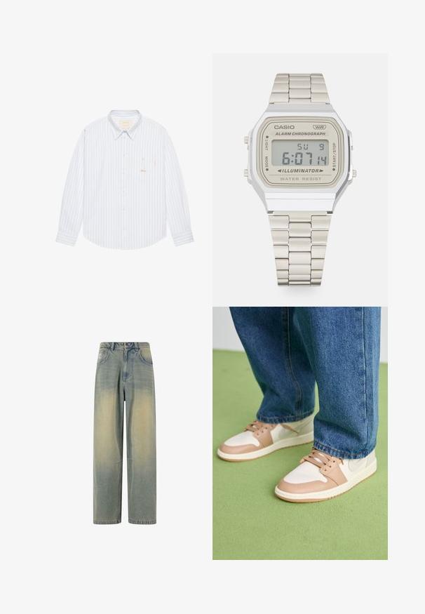 Gilet sans manches en tricot torsadé crème avec un col en V, cinq boutons marron et ourlet côtelé au bas et aux ouvertures des bras. Étiquette logo subtile à l'intérieur.; BLKVIS SCRIPT - Chemise - skyway; Débardeur en coton blanc avec un col rond, de larges bretelles et un ourlet droit, présentant une texture lisse et sans motifs visibles.; Jean large en denim bleu clair avec un dégradé vieilli, comportant cinq poches et une taille classique avec passants de ceinture.; Baskets en cuir blanches et beiges avec des bouts ronds, une boîte à orteils perforée et des accents beiges. Portées avec un jean en denim bleu sur une surface verte.; Montre numérique Casio avec un boîtier rectangulaire en acier inoxydable argenté, un cadran beige, un affichage noir, un bracelet à maillons en métal et des caractéristiques de résistance à l'eau.