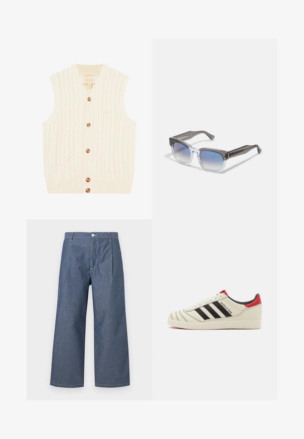 Grietos spalvos megztinis be rankovių su V formos iškirpte, penkiais rudos spalvos mygtukais ir banguotu apvadu apykaklės ir rankovių anga. Diskrėtiškai uždėtas logotipo ženklelis viduje.; Kreminė medvilninė marškinėliai trumpomis rankovėmis, apvaliu iškirpimu ir krūtininėje kišenėje su subtiliu logotipu. Sklandus tekstūra ir laisvas kirpimas.; Lengvi džinsiniai kelnių šviesiai mėlynu atspalviu, su aukštu liemeniu, plačiomis kojomis, priekinėmis klostėmis ir mygtukų uždarymu.; Kremo spalvos odiniai sportbačiai su juodomis juostelėmis, raudonais kulno akcentais ir tekstūruotais detalėmis. Yra gumatė padas ir raištelių uždarymas.; Pilkos ir skaidrios rėmo saulės akinių kvadratinė forma, gradientinės mėlynos lęšiai, metalinės akcentai ant šventyklų. Lengvas materialas.