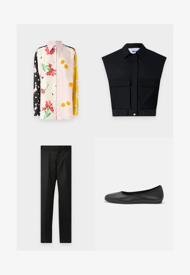 Čierna skrátená košeľa so štruktúrovaným golierom, krátkymi rukávmi a dvoma prednými vreckami. Vyrobená z hladkej tkaniny so zapínaním na gombíky.; Farebná košeľa na gombíky s kvetinovými a jedlými vzormi; materiály zahŕňajú hodváb. Čierne bodky na jednom rukáve; žlté kvetinové akcenty.; Čierne nohavice s hladkým materiálom, strihom na mieru, rovnými nohavicami a plochým pásom bez viditeľných zapínaní alebo vreciek.; Čierne kožené baleríny s okrúhlou špičkou, hladkým povrchom, minimálnym prešívaním a flexibilným dizajnom podrážky.