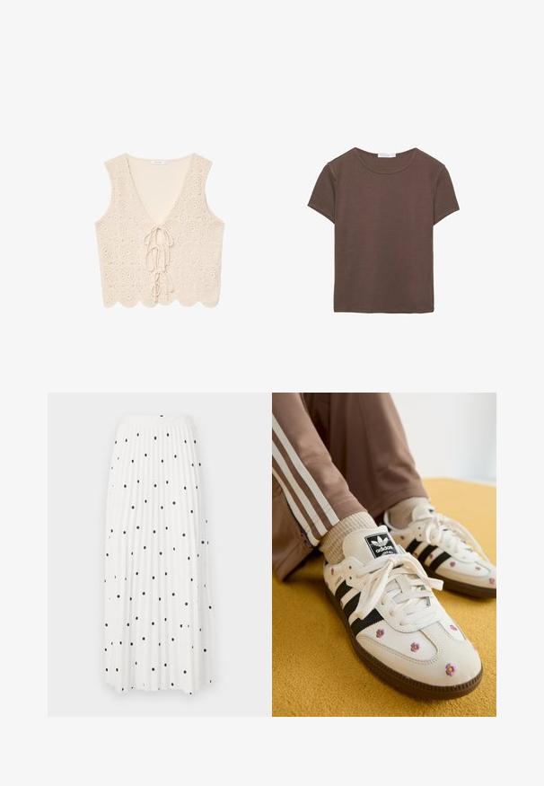 Häkel-Camisole in Creme mit V-Ausschnitt, versehen mit einem Häkelmuster, wellenförmigem Saum und einer Bindeschleife vorne.; Braunes Kurzarm-T-Shirt aus weichem Stoff, mit Rundhalsausschnitt und lässiger Passform, geradem Saum und ohne sichtbare Muster.; Weißer, plissierter Maxirock mit schwarzen Polka-Dots, ausgestattet mit einem glatten Bund und fließendem Stoff für müheloses Bewegen.; Weiße Leder-Sneaker mit drei schwarzen Streifen und floralem Stickereien in Lila und Gelb. Braune Gummisohle. Kombiniert mit beigen gerippten Socken.