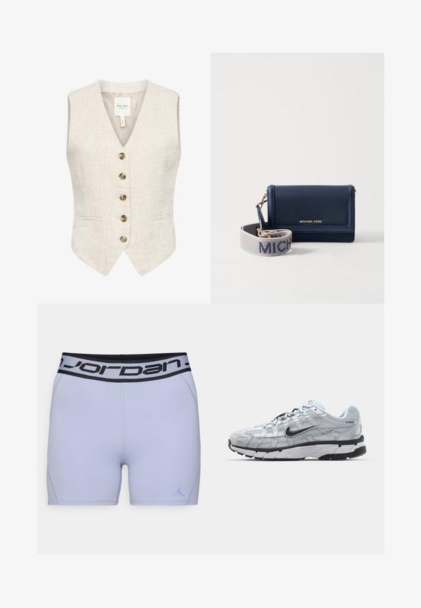 Vest din in lin de culoare bej deschis, cu decolteu în V, cinci butoane maro și două buzunare laterale. Prezintă o textură netedă și o croială ajustată.; Tricou alb cu mânecă scurtă, cu decolteu larg și o croială lejeră. Fabricat dintr-un material de bumbac moale, cu o textură netedă și un design simplu.; Shorts de atletism de culoare violet deschis, cu un tiv negru cu logo-ul Jordan. Fabricate dintr-un material neted și elastic, având cusături consolidate pe margini.; Tenisii Nike P-6000 cu un upper din plasă gri deschis, accente negre și o talpă din cauciuc negru durabilă. Caracterizează un design complex și un sistem de șireturi sofisticat.; Portofel din piele albastru marin cu un logo aurit, dotat cu o curea detașabilă pe care apare "MICHAEL" în text alb pe un fundal texturat. Design compact.