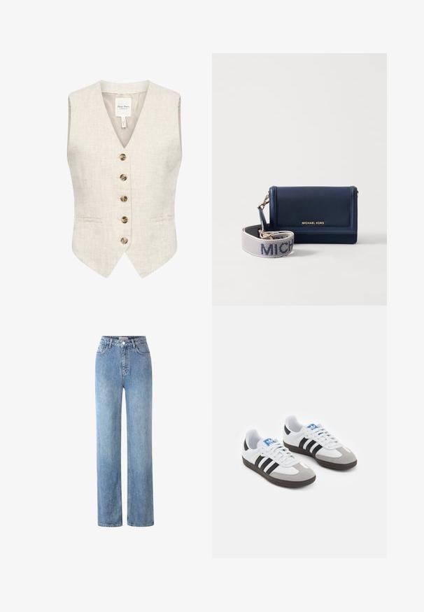 Kergedest kaelusega helesinises linases vest, millel on viis pruuni nööpi ja kaks külge taskut. Omab siledat tekstuuri ja täpset istuvust.; Valge lühikeste varrukatega T-särk laia kaelusega ja lõdva istuvusega. Valmistatud pehmest puuvillakangast, millel on sile tekstuur ja lihtne disain.; Heledad sinine kõrge vöökohaga teksapüksid, mis on valmistatud denimist, sirge lõikega, viie tasku ja metallnööbiga sulgur.; Spordijalatsid valge nahkpealsega, halli nubuk-naha otsaga ja kolme musta triibuga. Omab sinist logo keele peal ja struktureeritud kummitalda.; Tumes nailonist rahakott, millel on kuldne logo, sisaldab eemaldatavat rihma, millel on valge tekstiga "MICHAEL" tekstuurilisel taustal. Kompaktne disain.