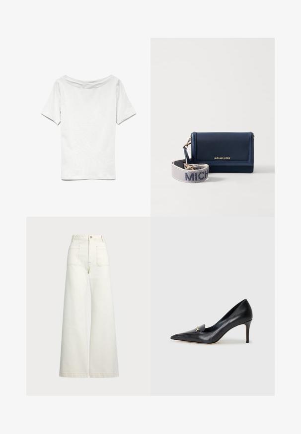 Vest din in lin de culoare bej deschis, cu decolteu în V, cinci butoane maro și două buzunare laterale. Prezintă o textură netedă și o croială ajustată.; Tricou alb cu mânecă scurtă, cu decolteu larg și o croială lejeră. Fabricat dintr-un material de bumbac moale, cu o textură netedă și un design simplu.; Jeans cu picioare late din denim alb-crem. Design cu talie înaltă, cu închidere prin nasture, două buzunare frontale și detalii cu cusături contrastante.; Pantof cu toc din piele neagră, cu vârf ascuțit, decolteu adânc și un accent decorativ auriu. Prezintă un toc stiletto și o textură netedă.; Portofel din piele albastru marin cu un logo aurit, dotat cu o curea detașabilă pe care apare "MICHAEL" în text alb pe un fundal texturat. Design compact.