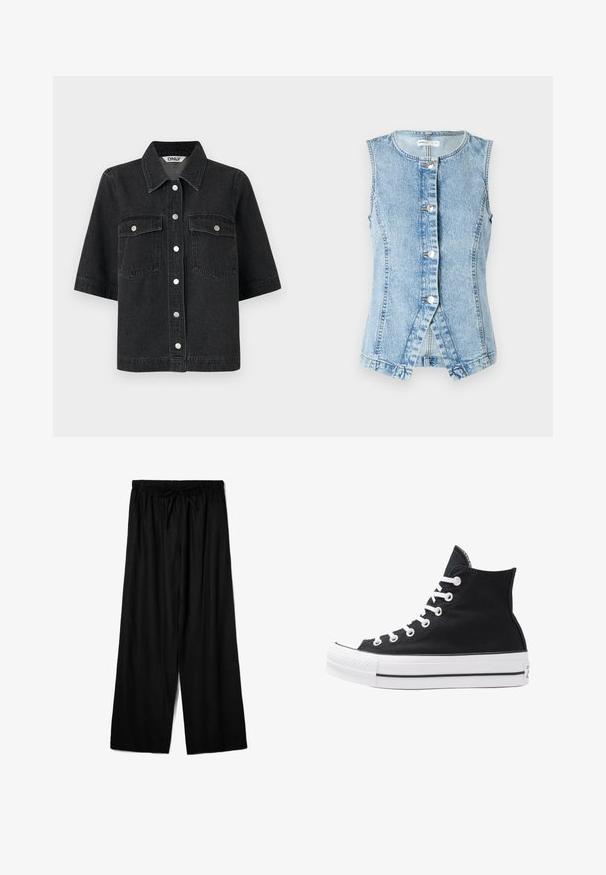 Gilet in denim azzurro chiaro senza maniche, con chiusura a bottoni e vestibilità aderente. Presenta cuciture a doppio punto e orlo scavato.; Camicia in denim nero con maniche corte, dotata di colletto a punta, due tasche sul petto e chiusura con bottoni metallici. Texture liscia.; Pantaloni neri a gamba larga realizzati in tessuto leggero, con una vita elastica e un cordino per una vestibilità regolabile. Texture liscia.; Sneaker alta nera in tela con occhielli e lacci bianchi e suola in gomma. Presenta un punta testurizzata e accenti a strisce bianche e nere.
