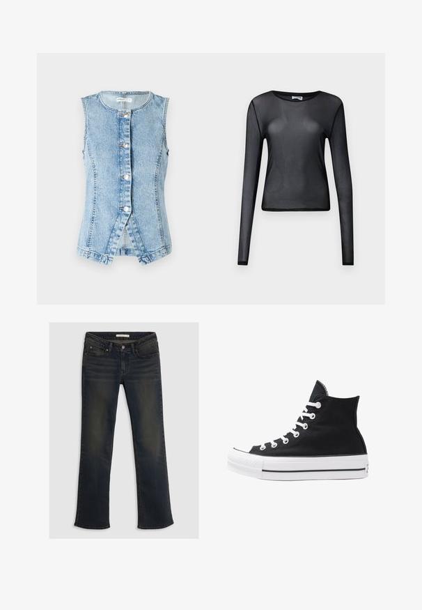 Colete de ganga azul claro sem mangas, frente com botão e design ajustado. Apresenta costuras duplas e bainha arredondada.; Top preto de mangas longas feito de material transparente, com decote redondo e corte justo, com bainhas delicadamente acabadas.; Jeans de denim azul escuro com um design de perna reta, cinco bolsos e detalhes de descoloração subtil. Fecho com botão superior e passantes para cinto.; Shoe de lona preta de cano alto com ilhós, atacadores e sola de borracha brancos. Apresenta um bico texturizado e detalhes em riscas preta e branca.