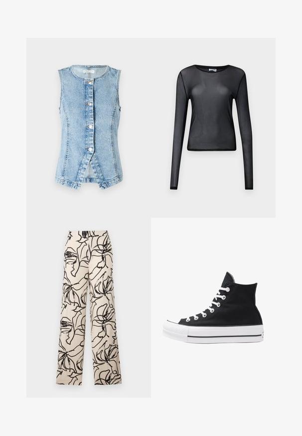 Lyseblå jeansvest uten ermer, med knappestolpe foran og en tettsittende design. Har dobbeltstikninger og bølget kant.; Svart langermet topp laget av gjennomsiktig materiale, med rund halslinning og slim fit, med fint kantede hem.; Bredde bukser laget av lett stoff med en crème bakgrunn og et abstrakt svart blomstermønster gjennom hele.; Høye svarte kanvas-sneakers med hvite øyler, snører og gummisåle. Har en teksturert tåhette og svarte og hvite striper som detaljer.