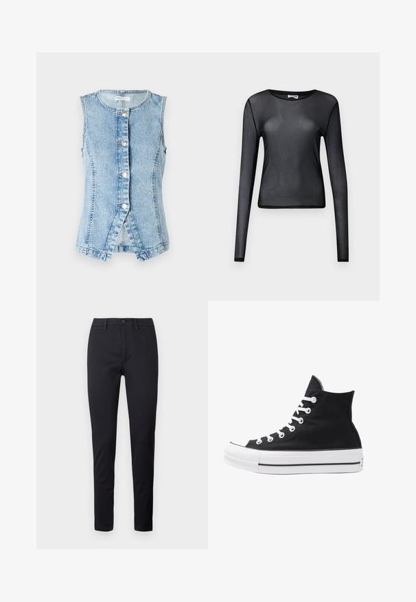 Világoskék farmer mellény, ujjatlan, gombos elöl, testhezálló fazonnal. Kétszer varrt varrásokkal és ívelt aljjal rendelkezik.; Fekete, hosszú ujjú blúz áttetsző anyagból, kerek nyakkivágással és szűk szabással, finoman szegélyezett széllel.; Fekete nadrág sima anyagból, standard derékszíjjal, elülső zsebekkel és keskeny szárakkal. Nincsenek látható minták vagy díszítések.; Fekete vászon magas szárú sneaker, fehér fűzőkkel és gumitalppal. Texturált orr-rész és fekete-fehér csíkos kiegészítők jellemzik.