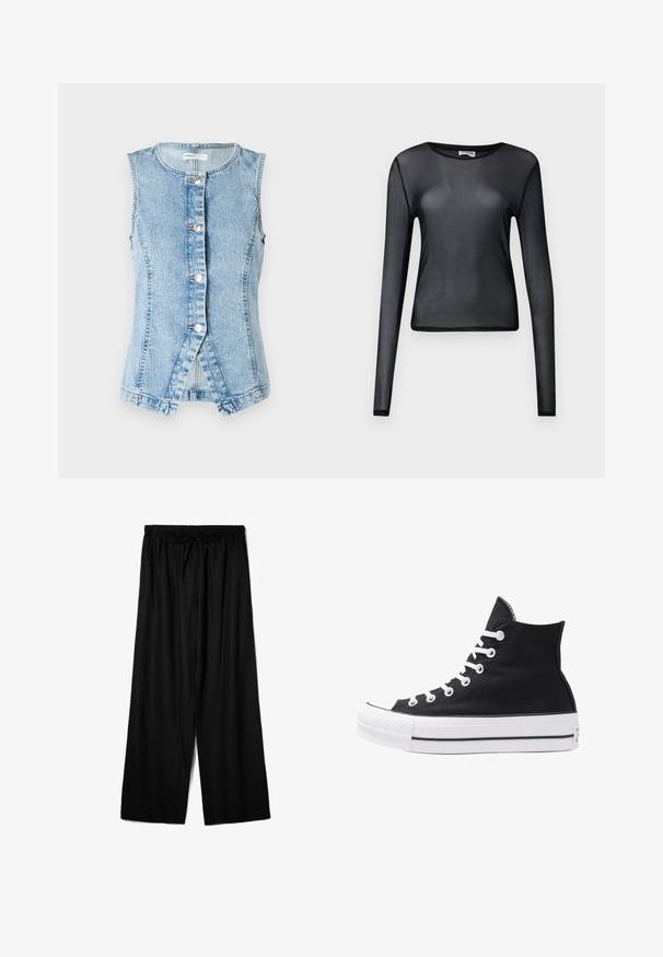 Világoskék farmer mellény, ujjatlan, gombos elöl, testhezálló fazonnal. Kétszer varrt varrásokkal és ívelt aljjal rendelkezik.; Fekete, hosszú ujjú blúz áttetsző anyagból, kerek nyakkivágással és szűk szabással, finoman szegélyezett széllel.; Fekete, bő szárú nadrág könnyű anyagból, rugalmas derékkal és állítható zsinóros megoldással az optimális illeszkedés érdekében. Simára csiszolt textúra.; Fekete vászon magas szárú sneaker, fehér fűzőkkel és gumitalppal. Texturált orr-rész és fekete-fehér csíkos kiegészítők jellemzik.