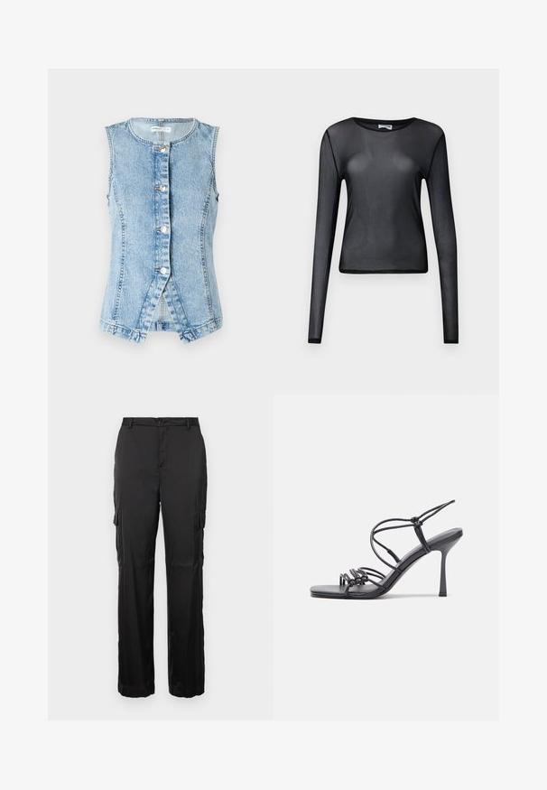 Colete de ganga azul claro sem mangas, frente com botão e design ajustado. Apresenta costuras duplas e bainha arredondada.; Top preto de mangas longas feito de material transparente, com decote redondo e corte justo, com bainhas delicadamente acabadas.; Calças cargo pretas com corte reto, fecho de botão e dois bolsos laterais. Feitas de um tecido liso sem padrões ou adornos visíveis.; As sandálias de salto alto pretas apresentam tiras finas com um design em nó, uma biqueira quadrada lisa e um elegante salto agulha.