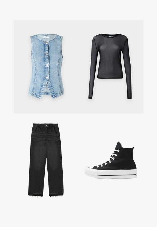 Šviesiai mėlynas džinsinis liemenė be rankovių, su sagų užsegimu priekį ir prigludusia forma. Pabrėžia dvigubai siūtas siūles ir lenktą apatinį kraštą.; Juodas ilgomis rankovėmis viršutinis drabužis, pagamintas iš permatomo audinio, su apvalia iškirpte ir siauru šonu, puikiai apdirbtomis kraštinėmis.; Juodi džinsai su tiesiomis kojomis. Klasikinio aukšto liemens, su nutrintais kraštais ir švelniu nublukusiu tekstūru visame paviršiuje. Įtraukti priekinių kišenių.; Juodos aukštos kanvas sportbačiai su baltais akių angomis, raišteliais ir guma padais. Yra tekstūruotas pirštų gaubtas ir juodai baltos juostos akcentai.