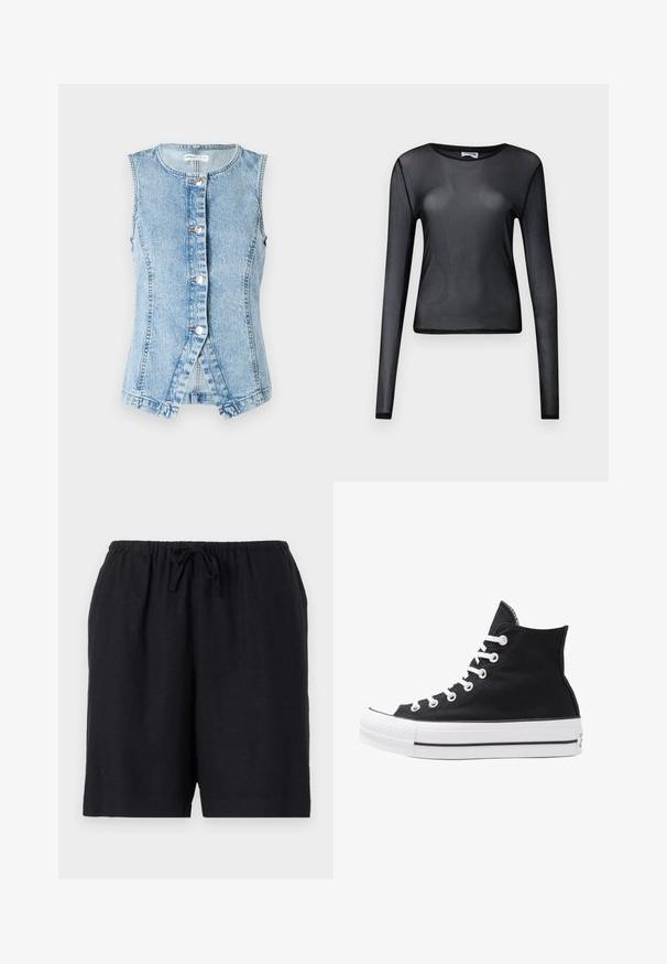 Világoskék farmer mellény, ujjatlan, gombos elöl, testhezálló fazonnal. Kétszer varrt varrásokkal és ívelt aljjal rendelkezik.; Fekete, hosszú ujjú blúz áttetsző anyagból, kerek nyakkivágással és szűk szabással, finoman szegélyezett széllel.; Fekete rövidnadrág könnyű anyagból, gumis derékrésszel és húzózsinórral. Egyszerű dizájnnal és térdhosszú szabással rendelkezik.; Fekete vászon magas szárú sneaker, fehér fűzőkkel és gumitalppal. Texturált orr-rész és fekete-fehér csíkos kiegészítők jellemzik.