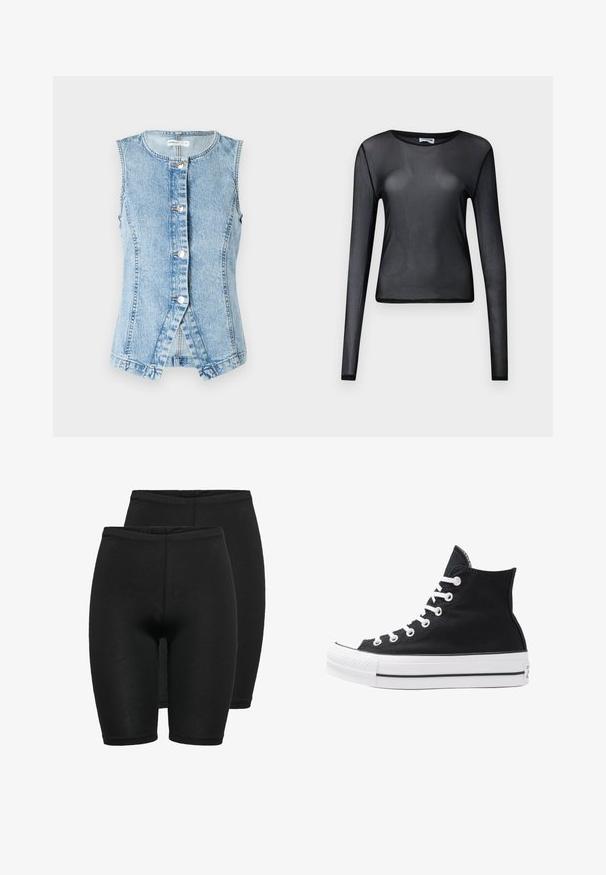 Šviesiai mėlynas džinsinis liemenė be rankovių, su sagų užsegimu priekį ir prigludusia forma. Pabrėžia dvigubai siūtas siūles ir lenktą apatinį kraštą.; Juodas ilgomis rankovėmis viršutinis drabužis, pagamintas iš permatomo audinio, su apvalia iškirpte ir siauru šonu, puikiai apdirbtomis kraštinėmis.; Du parai juodų kompresinių šortų, pagamintų iš tamprių audinių, su lygaus paviršiaus, elastinga juostos juosta ir prigludusia forma.; Juodos aukštos kanvas sportbačiai su baltais akių angomis, raišteliais ir guma padais. Yra tekstūruotas pirštų gaubtas ir juodai baltos juostos akcentai.