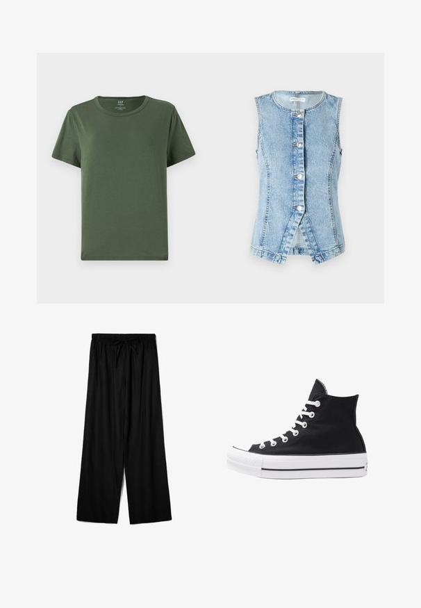 Light blue denim vest with no sleeves, button-down front, and a fitted design. Features double-stitched seams and scoop hem.; Green cotton t-shirt with short sleeves, crew neck, and a relaxed fit. Features a straight hem and minimalistic design.; Black wide-leg pants made from lightweight fabric, featuring an elastic waistband with a drawstring for adjustable fit. Smooth texture.; High-top black canvas sneaker with white eyelets, laces, and rubber sole. Features a textured toe cap and black and white stripe accents.