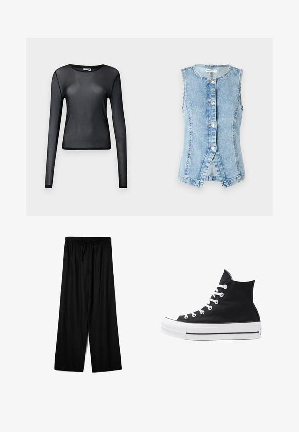 Vesta din denim bleu deschis, fără mâneci, cu deschidere cu nasturi și un design ajustat. Include cusături duble și o margine rotunjită.; Top lung cu mânecă lungă, de culoare neagră, fabricat dintr-un material transparent, având un gât rotund și o croială ajustată, cu margini fin finisate.; Pantaloni negri evazați dintr-un material ușor, cu un talie elastică și șnur pentru ajustarea dimensiunii. Textură netedă.; Tenisi negri înalți din pânză, cu ochiuri și sireturi albe, precum și talpă din cauciuc. Dispune de un capac texturat pentru degetul mare și accente în dungi alb-negru.