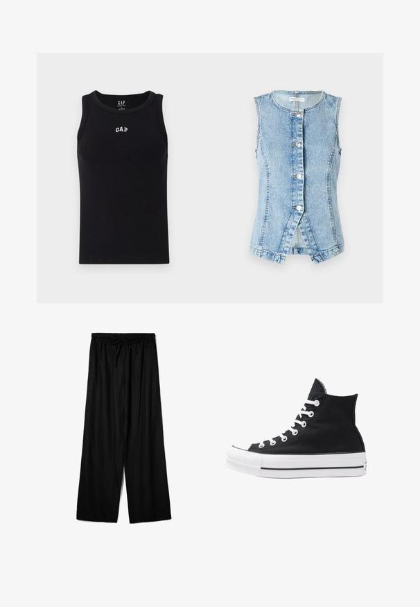 Lichtblauwe denim vest zonder mouwen, met knoopsluiting aan de voorkant en een getailleerd ontwerp. Heeft dubbel gestikte naden en een afgeronde zoom.; Zwarte katoenen tanktop met een geribbelde textuur. Heeft een ronde halslijn en een geborduurd "GAP" logo in het wit op de borst. Geen mouwen.; Zwarte wijde broekspijpen gemaakt van lichtgewicht stof, met een elastische tailleband en een trekkoord voor een verstelbare pasvorm. Soepele textuur.; Hoge zwarte canvas sneaker met witte oogjes, veters en rubberen zool. Beschikt over een gestructureerde neuskap en zwart-witte streepaccenten.