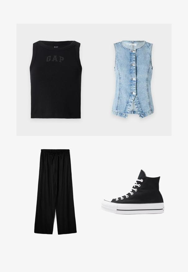 Svijetloplavi traper prsluk bez rukava, s gumbima sprijeda i prilagođenim krojem. Sadrži dvostruko šivane šavove i oblikovani rub.; Crna rebrasta majica bez rukava s okruglim izrezom, s kontrastnim crnim "GAP" logotipom sprijeda. Bez dodatnih ukrasa.; Crne široke hlače napravljene od laganog materijala, s elastičnim pojasom i vezicom za prilagodljivo oblikovanje. Glatka tekstura.; Visoke crne platnene tenisice s bijelim rupama, vezicama i gumenim potplatom. Imaju teksturirani vrh i crno-bijele pruge kao ukrase.