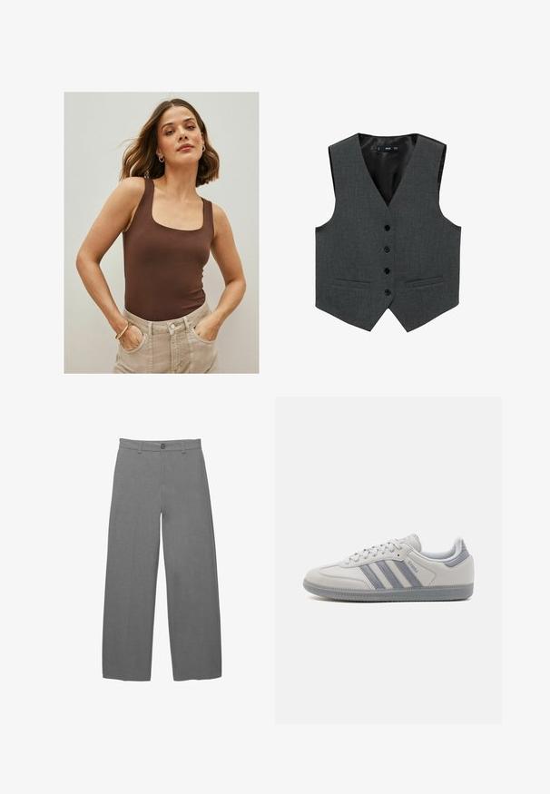 Grijze stoffen gilet met een v-hals, zes zwarte knopen, twee voorzakken en een gladde binnenvoering. Op maat gemaakt ontwerp, mouwloos.; Bruine mouwloze body met een vierkante halslijn, gemaakt van gladde stof, gecombineerd met hoog-getailleerde, lichtbeige broek. Eenvoudig ontwerp.; Grijze wijdere broeken gemaakt van een gestructureerde stof, met een knoopsluiting en tailleband, in een recht gesneden silhouet.; Witte leren sneakers met drie grijze strepen, een ronde neus, grijze accenten op de hak en een gestructureerde rubberen zool.