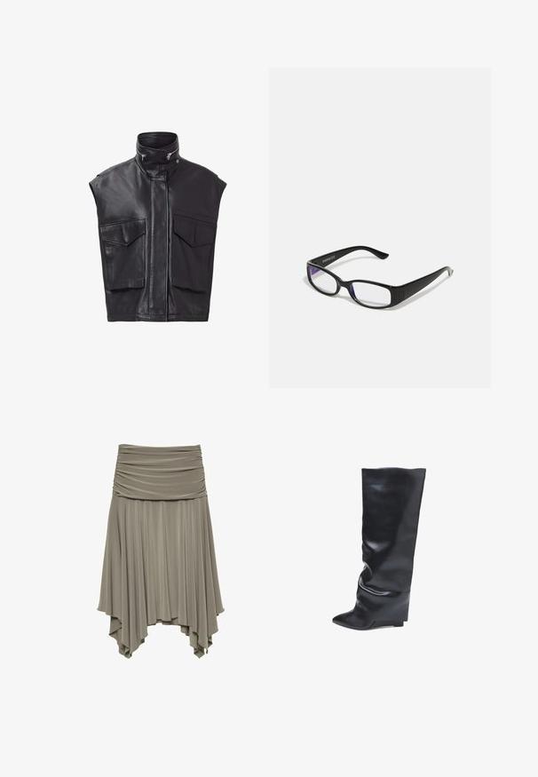 Sorte lædervest uden ærmer, med høj krave, frontlynlås og to store brystlommer. Glat tekstur med minimalistisk design.; Hvid blonde bodysuit med lange ærmer, prydet med et vævet mønster og en lav rygdesign, der taperer til en høj skåret benåbning.; Rynket, asymmetrisk nederdel i blødt gråt stof. Har en samlet talje og en let, drapering nederste kant med en unik silhuet.; Bata Støvler m/ kilehæl - nero; Sorte rektangulære briller med klare linser. Blank finish, smalle stænger, og lilla nuance synlig i kanterne af linsen.