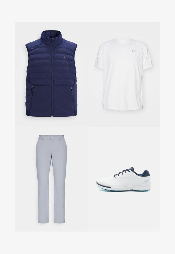 Vesta fără mâneci, de culoare bleu marin, cu umplutură matlasată, guler înalt, fermoar frontal, buzunare laterale cu fermoar și logo brodat pe piept.; Camică sport cu mânecă scurtă, de culoare albă, fabricată dintr-un material neted. Dispune de un guler tip crew și un logo gri pe pieptul stâng, cu slituri laterale la tiv.; Pantaloni gri deschis cu o croială dreaptă, închidere cu nasture, buzunare frontale și un material neted, texturat. Design minimalist, fără modele.; Pantofi sport albi cu un uppersintetic neted, accente albastre, toc texturat în nuanță de marine și o talpă ușoară cu țepii pentru aderență.