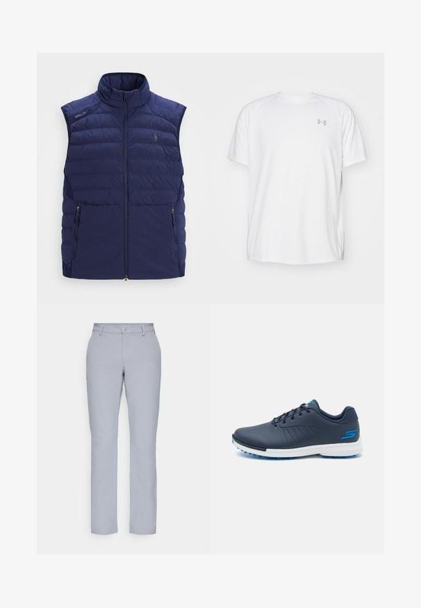 Tamsiai mėlynas siuvinėtas be rankovių liemenė su iškeltu apykakle, priekiniu užtrauktuku, užtrauktukais šoninėse kišenėse ir siuvinėtą logotipą ant krūtinės.; Balta trumpa rankovėmis sportinė marškinėliai, pagaminti iš lygaus audinio. Yra apvalus kaklas ir pilkas logotipas kairėje krūtinės pusėje, o apatinėje dalyje yra šoninės plyšiai.; Šviesiai pilkos kelnes su tiesiu kirpimu, mygtuko uždarymu, priekinėmis kišenėmis ir lygia, tekstūruota medžiaga. Minimalistinis dizainas, be raštų.; Jūrų laivyno golfo batai su elegantišku dizainu, sintetinė viršutinė dalis, balta vidurinė dalis ir mėlyni guminiai smaigaliai. Yra perforacijos, užtikrinančios oro pralaidumą.