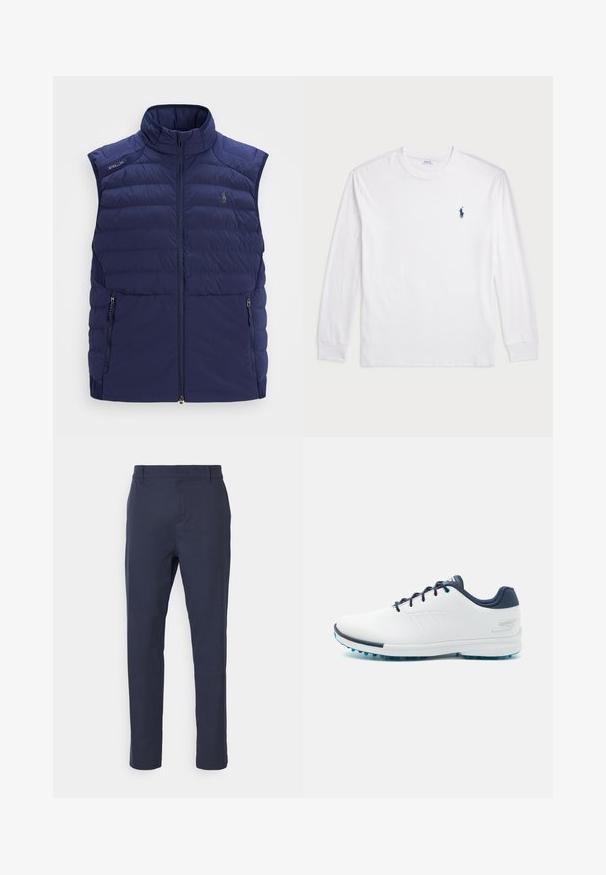 Gilet senza maniche trapuntato blu navy con colletto alto, zip frontale, tasche laterali con zip e logo ricamato sul petto.; T-shirt bianco a maniche lunghe realizzato in cotone. Presenta un collo rotondo, polsini a coste e un piccolo logo in blu navy del polo sul lato sinistro del petto.; Pantaloni blu navy con un design a gamba dritta, vita piatta, passanti per cintura e zip frontale. Realizzati in un tessuto liscio e leggero.; Scarpe da ginnastica bianche con una parte superiore sintetica liscia, accenti blu, tallone blu navy texturizzato e una suola leggera con tacchetti per la trazione.