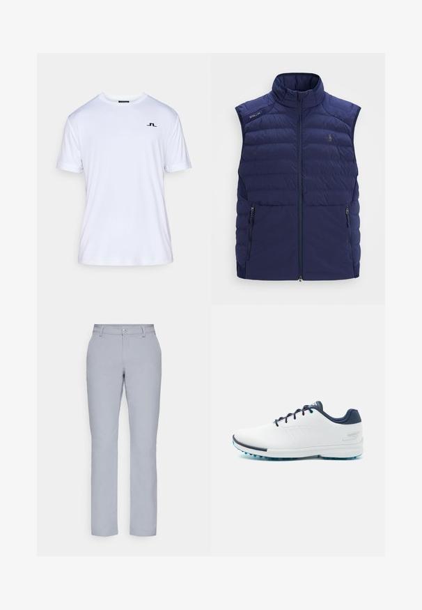 Námořnická modrá prošívaná bezrukávová vesta s výstřihem, předním zipem, bočními kapsami na zip a vyšitým logem na hrudi.; Bílá krátkosrstá trička vyrobená z hladkého materiálu, s jemným černým logem na levé části hrudi. Kulatý výstřih a uvolněný střih.; Světle šedé kalhoty s rovným střihem, zapínáním na knoflík, předními kapsami a hladkým, texturovaným materiálem. Minimalistický design, bez vzorů.; Bílé sportovní boty s hladkým syntetickým svrškem, modrými akcenty, texturovanou tmavě modrou patou a lehkou, hřebenovou podešví pro lepší přilnavost.