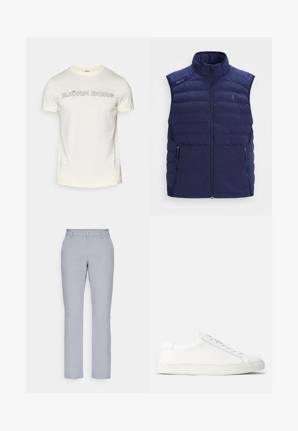 Navy plava prešana bezrukavna jakna s uspravnim ovratnikom, prednjim zatvaračem, bočnim džepovima na zatvarač i izvezenim logotipom na prsima.; Kremasti pamučni majica s kratkim rukavima, s upečatljivim crnim tekstom "BJÖRN BORG" preko prsnog dijela u zaobljenom fontu.; Svijetlosive hlače ravnog kroja, s kopčanjem na gumbe, prednjim džepovima i glatkom, teksturiranom tkaninom. Minimalistički dizajn, bez uzoraka.; Bijele kožne tenisice s glatkom teksturom, zaobljenim oblikom, ravnim gumenu potplatom i bijelim vezicama. Karakterizira ih minimalistički dizajn i suptilan brend.