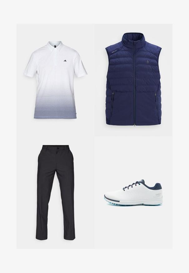Tumši zili quiltēta bez piedurknēm veste ar stāvošu apkakli, priekšējo rāvējslēdzēju, rāvējslēdzēja sānu kabatām un izšūtu logotipu uz krūškurvja.; Balta polo krekls ar īsām piedurknēm un gaiši zilām gradienta punktiņām, uz kreisā krūts ir neliels tumši zils logotips.; adidas Golf PANT - Auduma bikses - black; Baltas sporta apavos ar gludu sintētisku virsu, ziliem akcentiem, teksturētu tumši zilu papēdi un vieglu, ar kājām izstrādātu zoli, kas nodrošina saķeri.