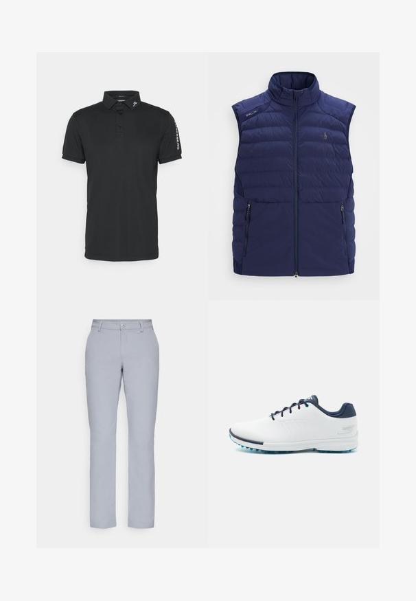 Námornícky modrá prešívaná bezrukávová vesta s vyvýšeným golierom, predným zipsom, zipsovými bočnými vreckami a vyšitým logom na hrudi.; Čierna polo košeľa vyrobená z priedušného materiálu, so štandardným golierom, tromi gombíkmi a logom na golieri a rukáve.; Svetlošedé nohavice s rovnými nohavicami, zapínaním na gombík, prednými vreckami a hladkým, štruktúrovaným materiálom. Minimalistický dizajn, bez vzorov.; Biele atletické topánky s hladkým syntetickým vrchom, modrými akcentmi, texturovaným námorníckym opätkom a ľahkou, hrotovanou podrážkou pre trakciu.