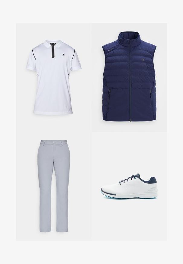 Marineblå quilted ärmlös väst med ståkrage, framdragkedja, dragkedjefickor på sidorna och broderad logotyp på bröstet.; Kortermet hvit polo skjorte med svart glidelås krage, svarte side detaljer og en liten logo på venstre bryst. Laget av pustende stoff.; Lys grå bukser med rett snitt, knappelukking, frontlommer og et glatt, strukturert stoff. Minimalistisk design, uten mønstre.; Hvite idrettssko med en glatt syntetisk overdel, blå detaljer, teksturert marineblå hæl og en lett, pigget såle for bedre grep.